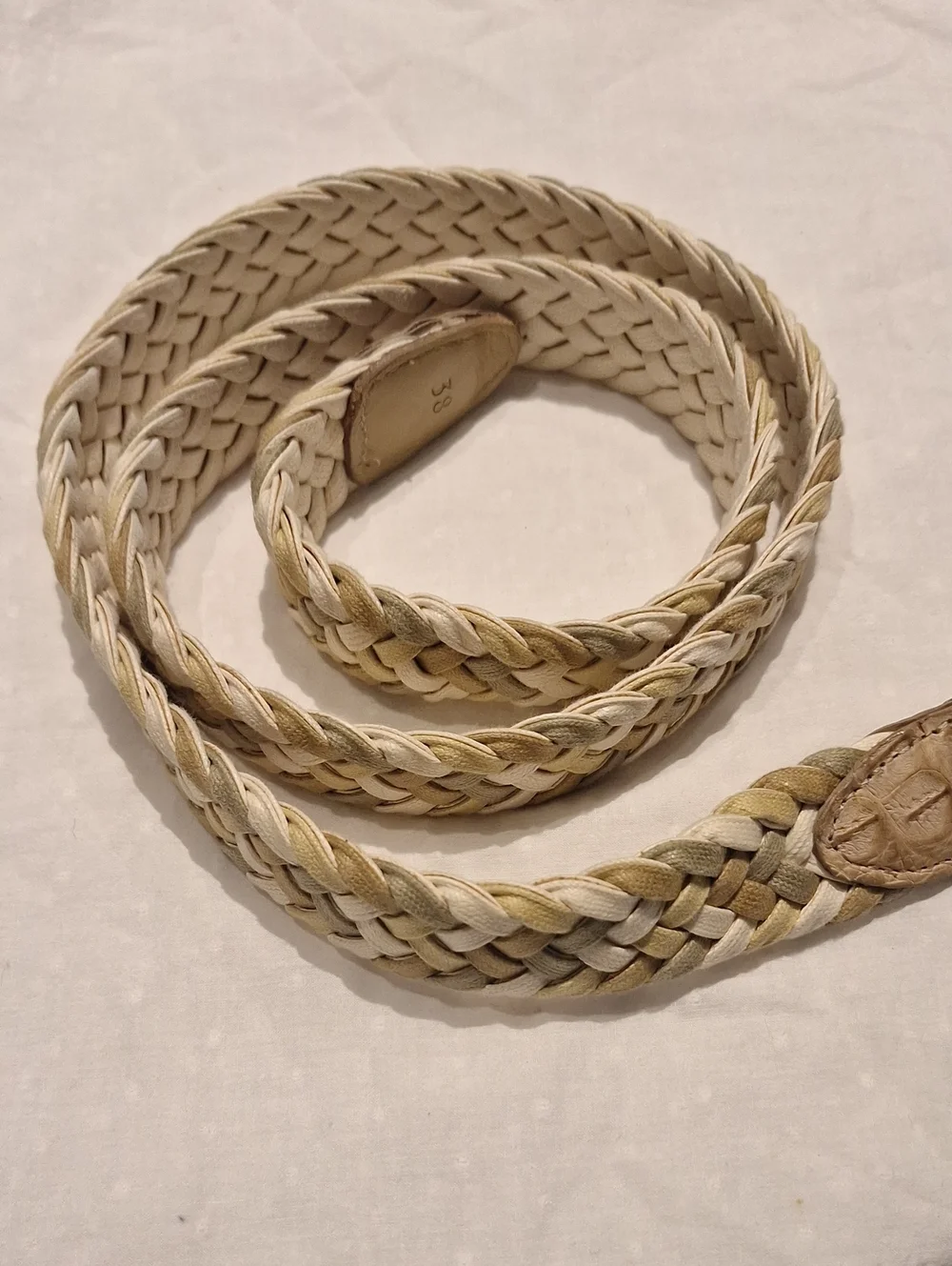 Braided Leather Weave With Solid Brass Buckle Belt - Beige White